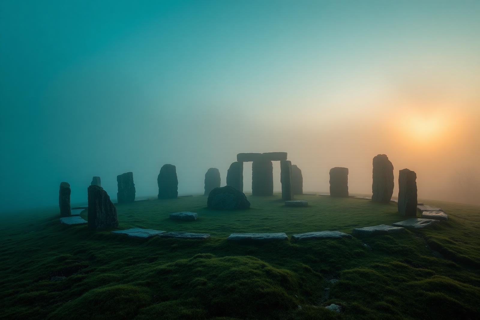 Círculo de pedras antigo na neblina