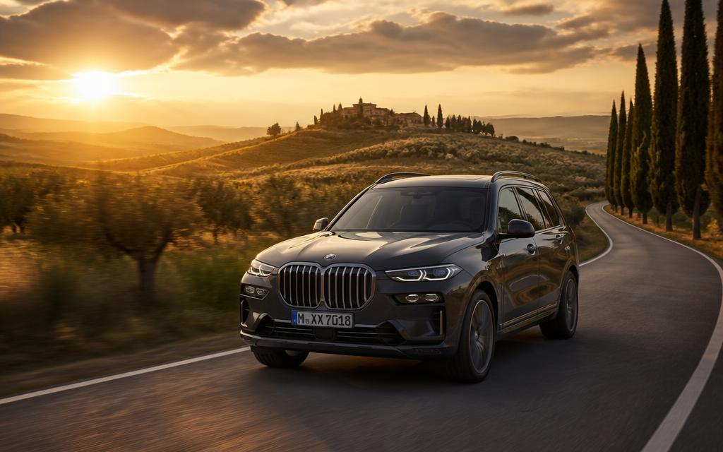 BMW esportivo numa estrada cênica da Toscana