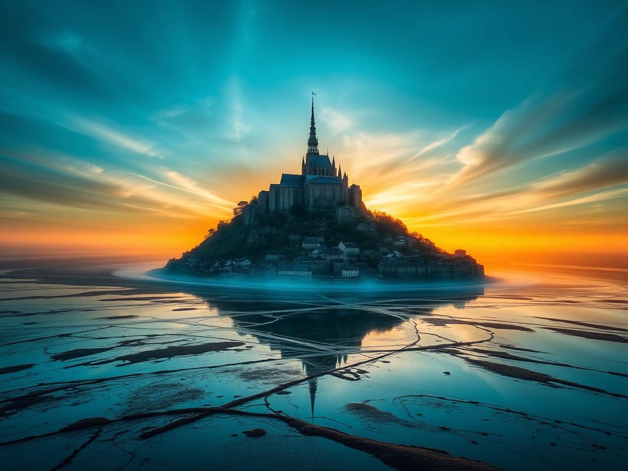 Mont Saint-Michel entre céu, terra e mar
